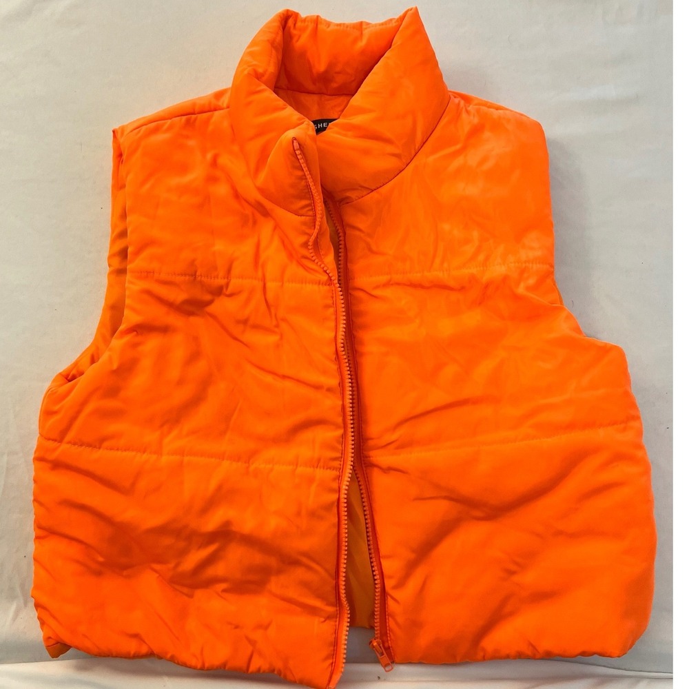 SHEIN Womens Neon Orange Puffer Vest Quilted Zip Up Sleeveless Jacket Size M